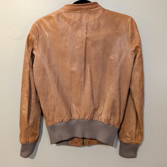 Fossil Womens Leather Bomber Jacket Brown Size Small Front Pockets Ribbed Trim - Picture 11 of 13